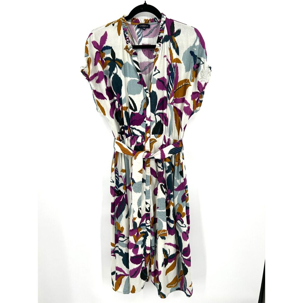 CAROLL Paris Purple Floral Print Linen Blend Button Front Tie Midi Dress Size 38